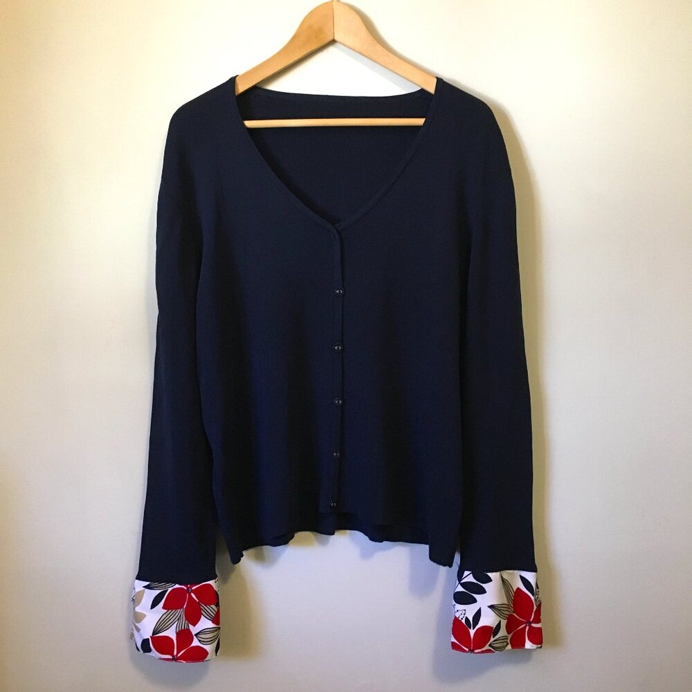 Vintage V-Neck Cardigan Navy Blue W/ Mock Shirt Cuffs Sweater L XL